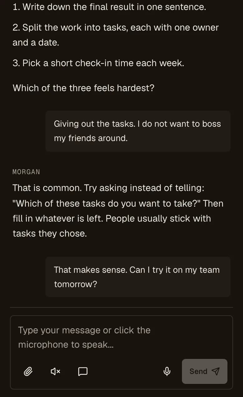Example chat with an AI mentor, with buttons to speak a message and to turn on conversation mode.