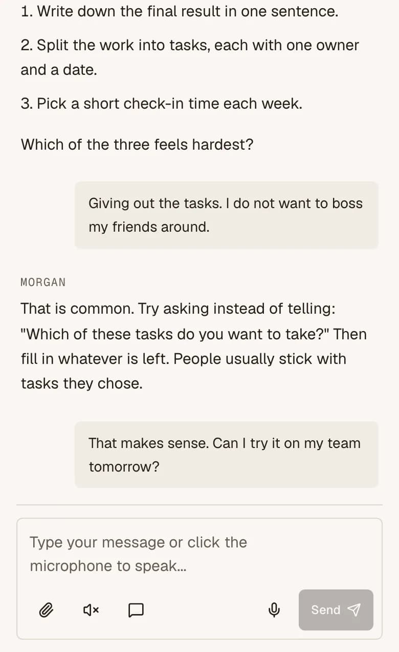 Example chat with an AI mentor, with buttons to speak a message and to turn on conversation mode.