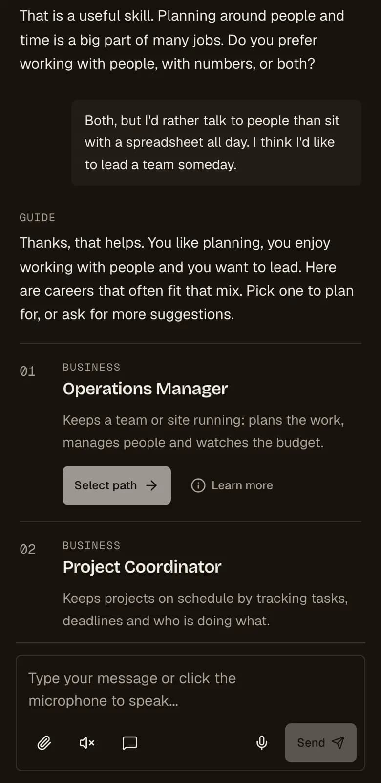 Example onboarding chat: the AI asks a student what they enjoy and suggests careers to choose from.