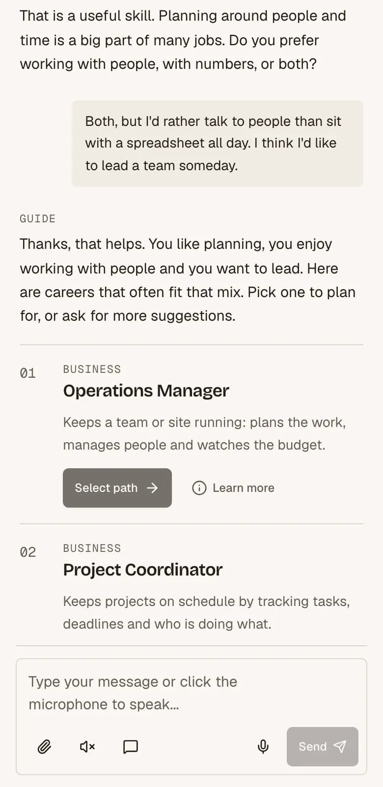 Example onboarding chat: the AI asks a student what they enjoy and suggests careers to choose from.